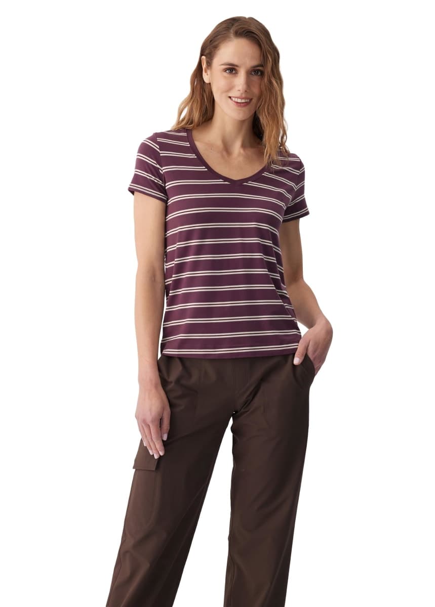LOLË Dynamic Women's Merino-Blend V-Neck Tee, Breathable, Everyday, Mulberry Dynamic Stripe, L