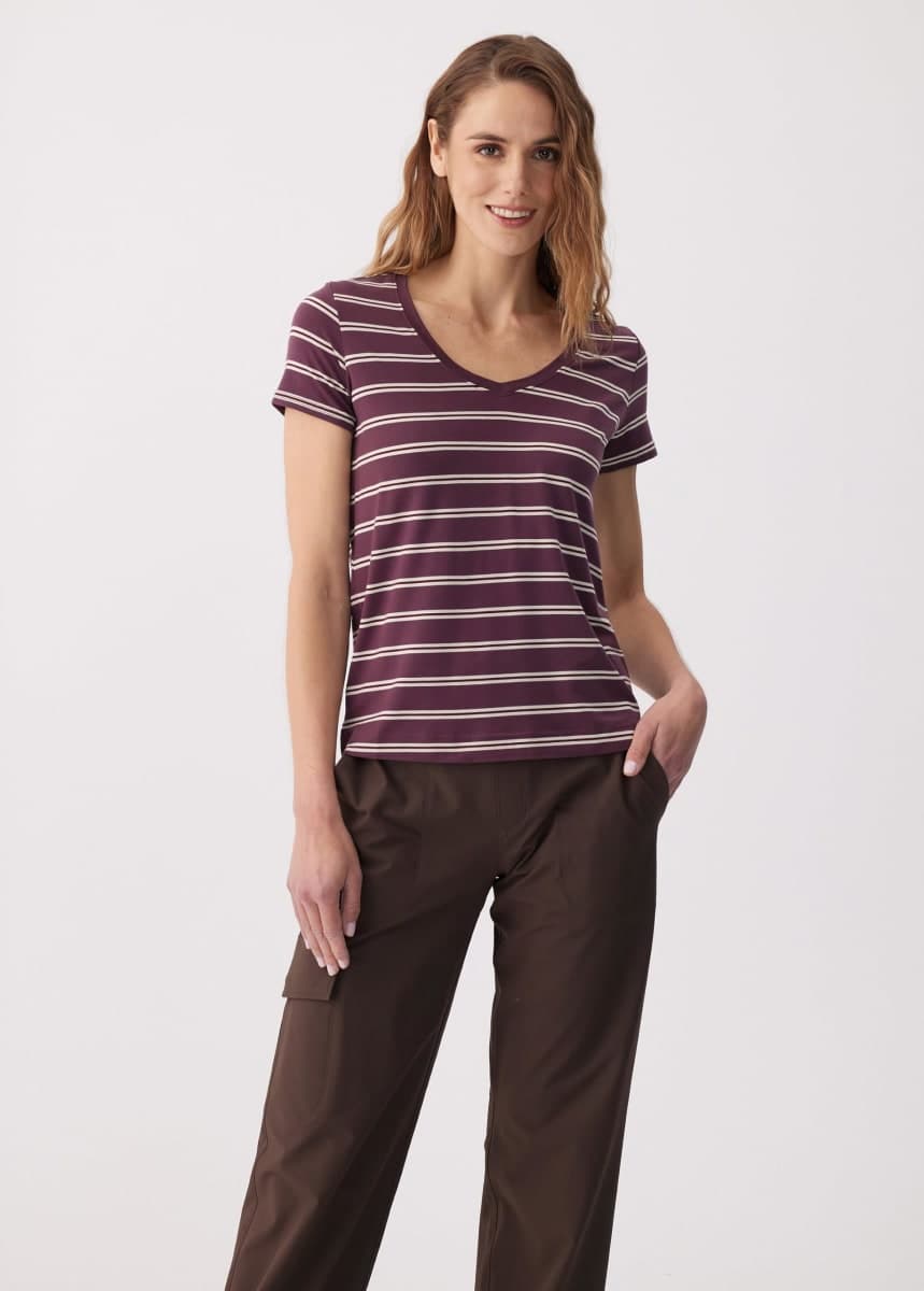 LOLË Dynamic Women's Merino-Blend V-Neck Tee, Breathable, Everyday, Mulberry Dynamic Stripe, L thumbnail 5
