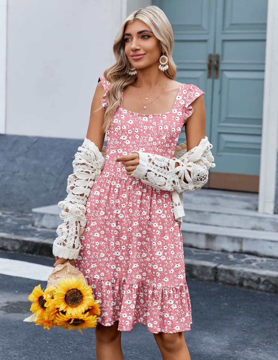 Zeagoo Women's pettieed Boho Tiered Ruffle Shoulder Mini Dress Square Neck Floral Holiday Flowy Tunic Cover Up Swing Summer Casual A-Line Dress with Pockets thumbnail 4