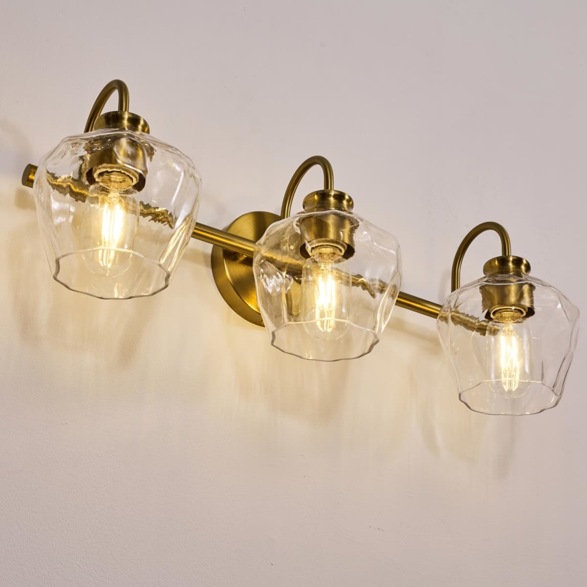 ANDY STAR Brushed Gold Vanity Light, 3 Light Bathroom Light Fixtures with Clear Diamond-Shape Hammered Glass, Brass Vintage Ripple Wall Lights for Hallway, Bedroom, Anti-Rust, E26 Base (No Bulbs) thumbnail 2
