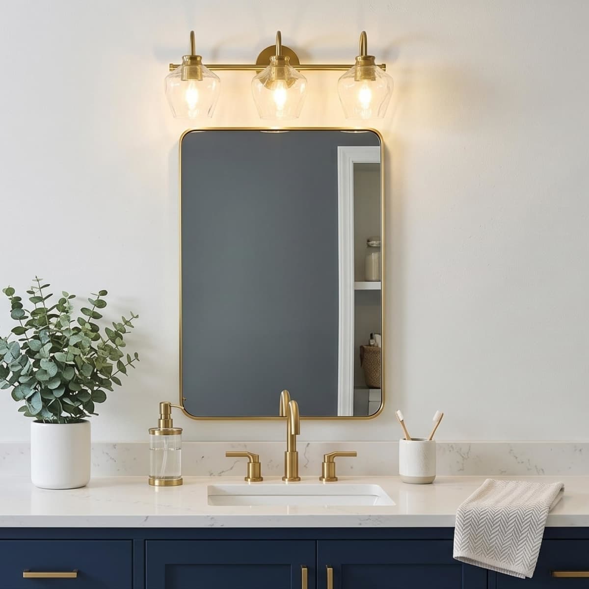 ANDY STAR Brushed Gold Vanity Light, 3 Light Bathroom Light Fixtures with Clear Diamond-Shape Hammered Glass, Brass Vintage Ripple Wall Lights for Hallway, Bedroom, Anti-Rust, E26 Base (No Bulbs) thumbnail 3