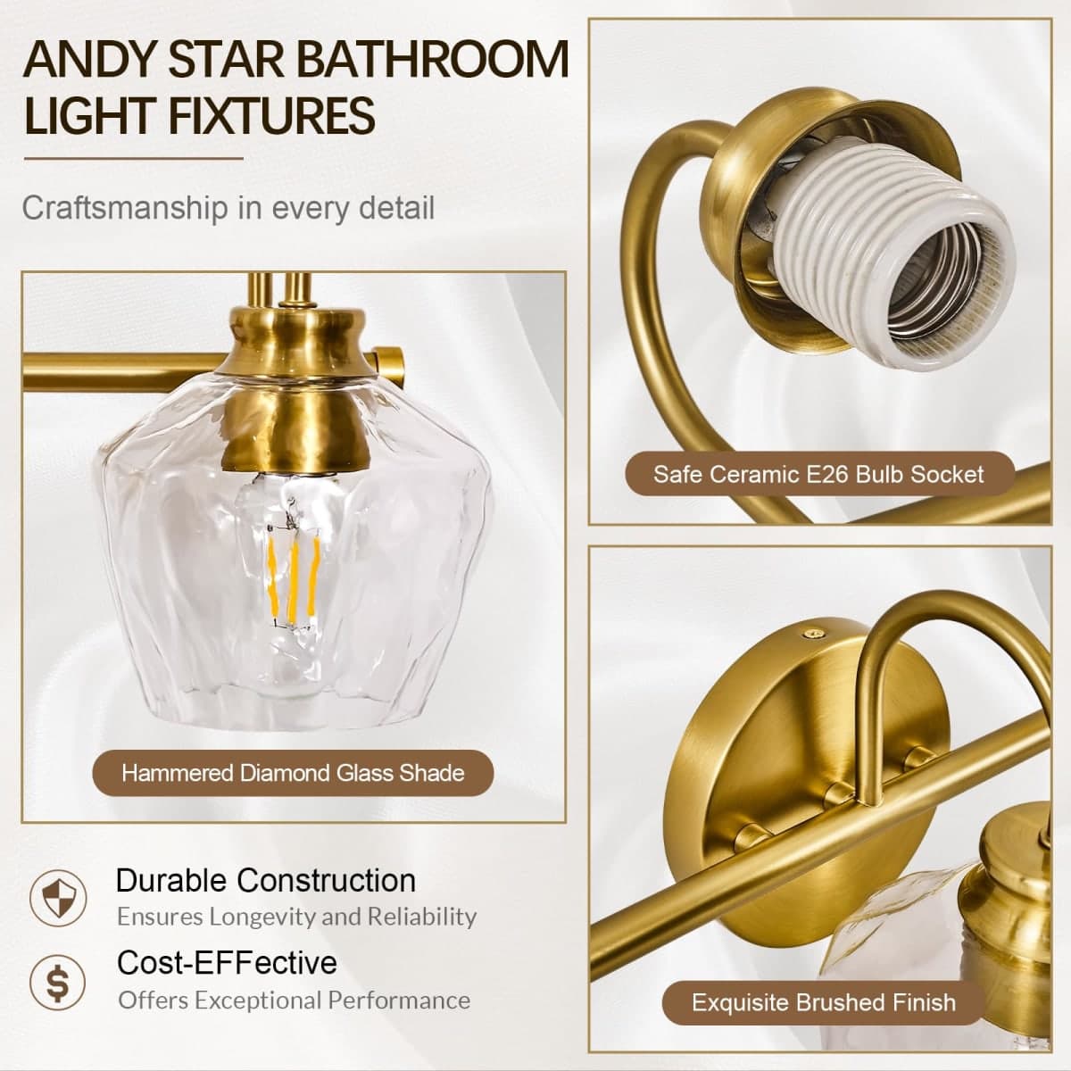 ANDY STAR Brushed Gold Vanity Light, 3 Light Bathroom Light Fixtures with Clear Diamond-Shape Hammered Glass, Brass Vintage Ripple Wall Lights for Hallway, Bedroom, Anti-Rust, E26 Base (No Bulbs) thumbnail 4