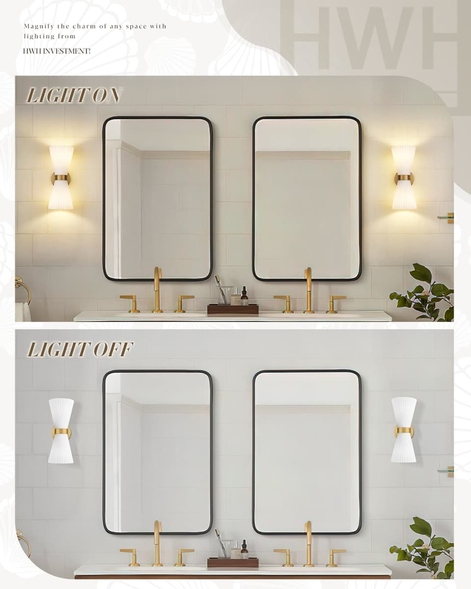 Modern Wall Sconce Set of 2, HWH 2-Light Up Down Wall Light Indoor Vanity Wall Lamp, Brushed Gold Bathroom Vanity Sconce Frosted White Striped Glass Shade, 5HZG97B-2W-2PK BG thumbnail 5