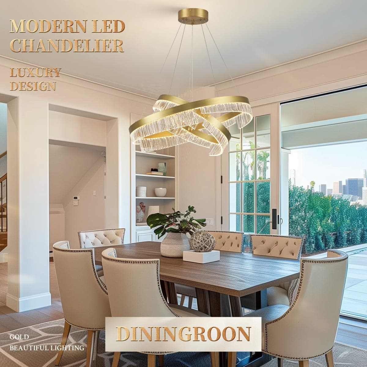 Sparklelf Modern LED Chandelier 2 Ring Gold Penndant Light Fixture for Dining Room Dimmable Flush Mount Chandelier with Remote Control for Living Room Bedroom Foyer thumbnail 2