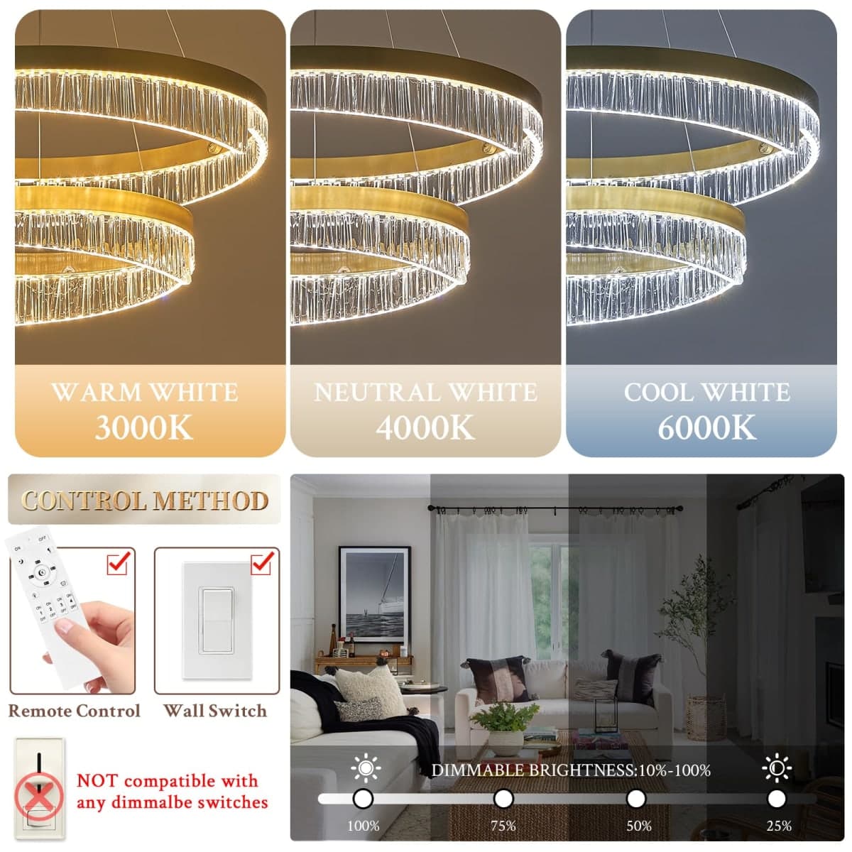 Sparklelf Modern LED Chandelier 2 Ring Gold Penndant Light Fixture for Dining Room Dimmable Flush Mount Chandelier with Remote Control for Living Room Bedroom Foyer thumbnail 3