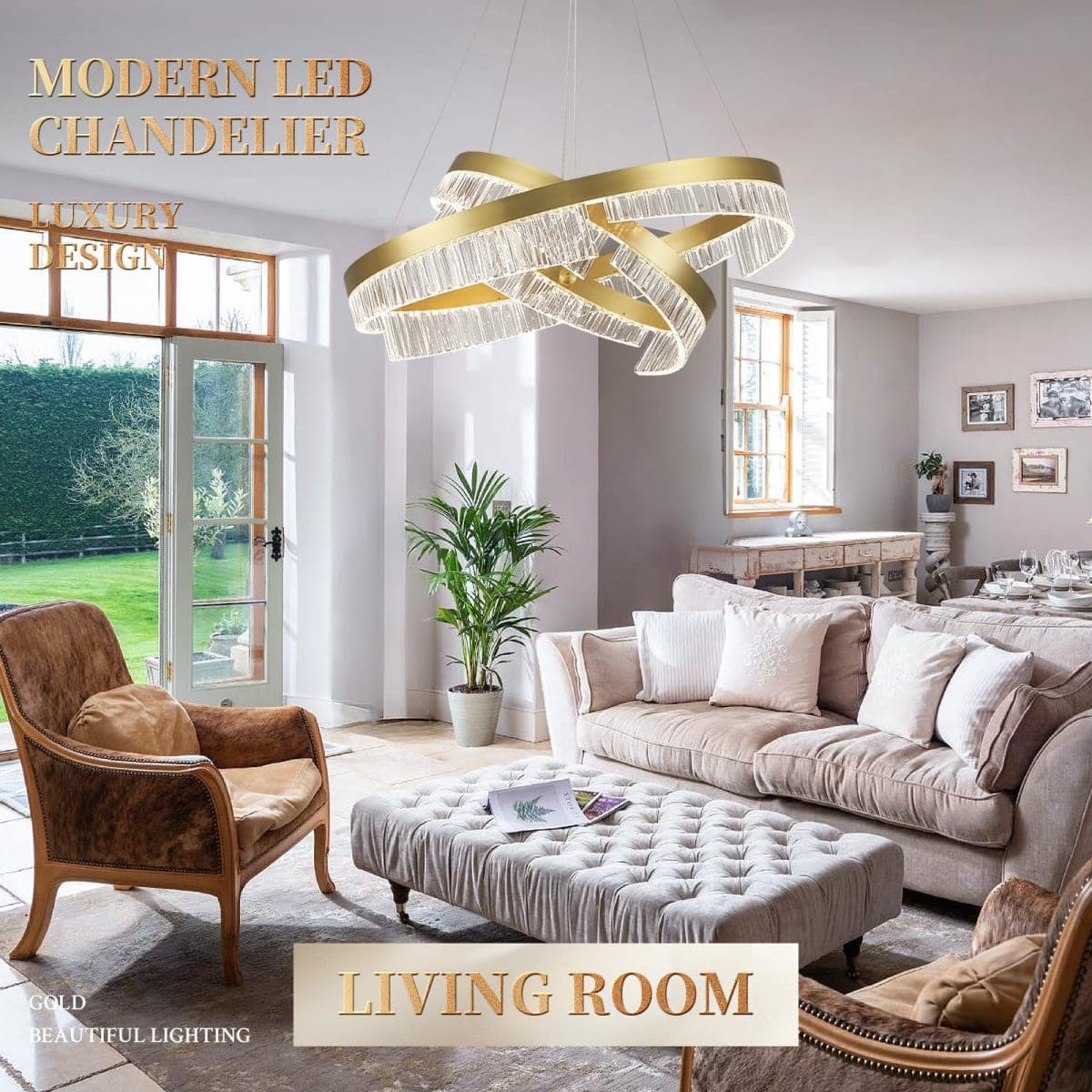 Sparklelf Modern LED Chandelier 2 Ring Gold Penndant Light Fixture for Dining Room Dimmable Flush Mount Chandelier with Remote Control for Living Room Bedroom Foyer thumbnail 4
