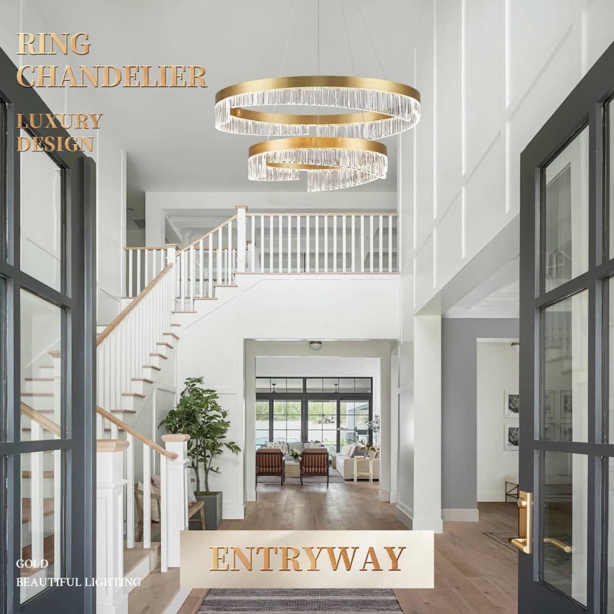 Sparklelf Modern LED Chandelier 2 Ring Gold Penndant Light Fixture for Dining Room Dimmable Flush Mount Chandelier with Remote Control for Living Room Bedroom Foyer thumbnail 5