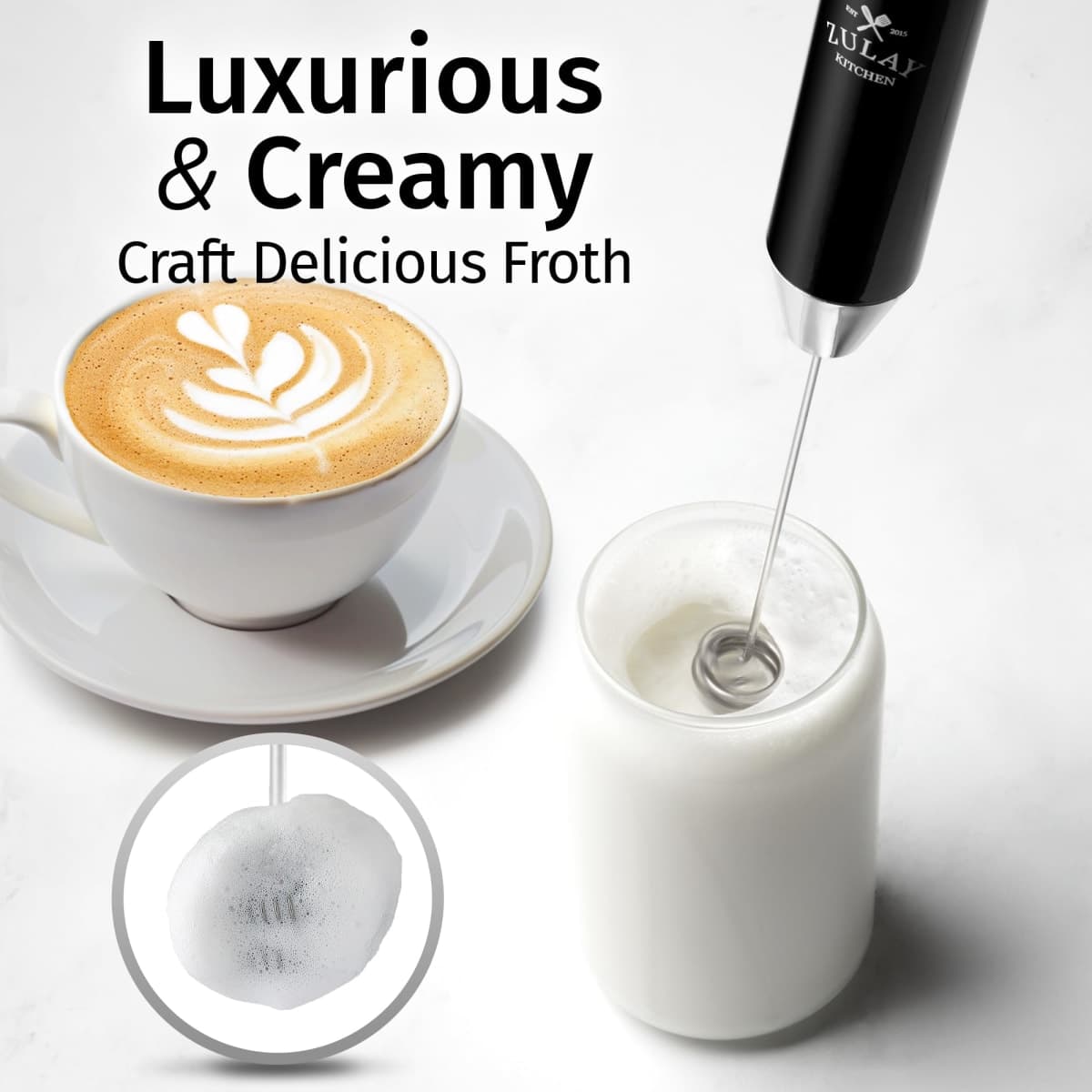 Zulay Kitchen Milk Frother Handheld Rechargeable Lux - Electric Coffee Frother - Powerful 2-Speed Motor, Waterproof - Drink Mixer for Latte, Coffee, Cappuccino & Protein Powder - Obsidian Black thumbnail 2