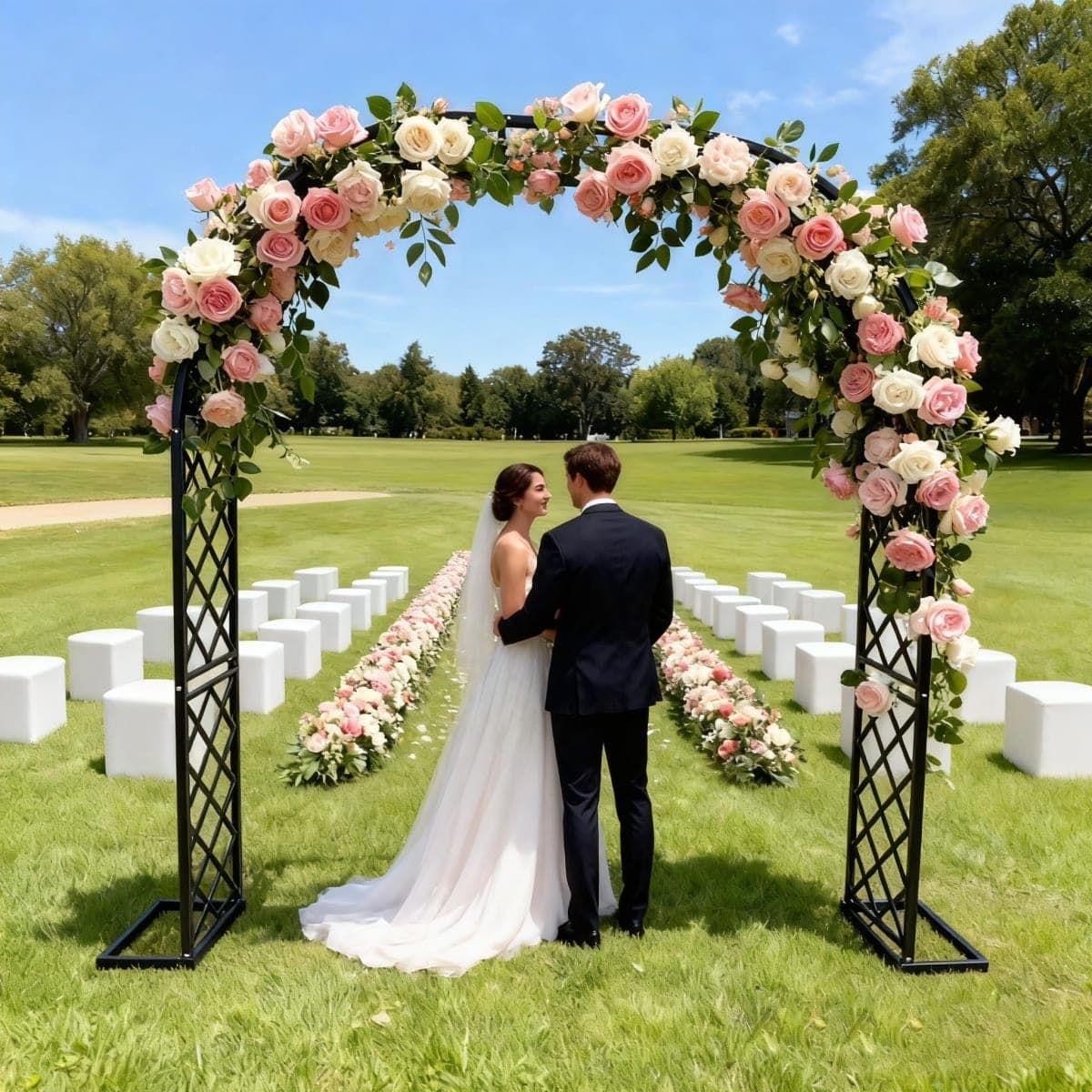 Black Heavy Duty Metal Garden Arch Trellis 90.5" W x 94.5" H for Climbing Plants, Decorative Archway Wedding Arch Frame for Patio, Backyard, Patio, Lawn, Pathway thumbnail 5