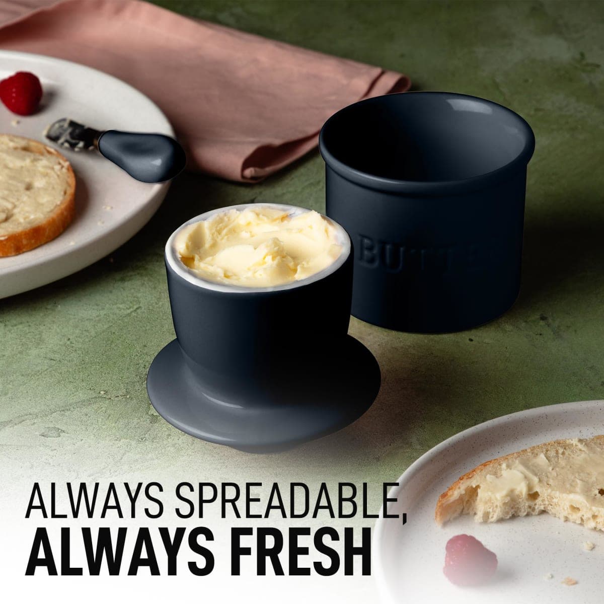 Zulay Kitchen Bell Shaped Butter Crock with Lid for Countertop with Water Line & Spreader Knife, Ceramic French Butter Dish Keeper For Fresh, Soft & Spreadable Butter - Midnight Blue thumbnail 2