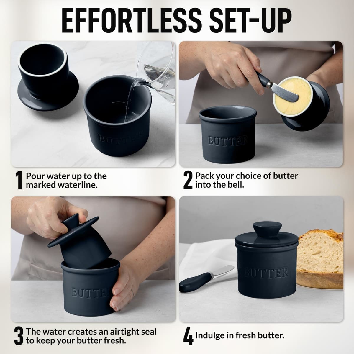 Zulay Kitchen Bell Shaped Butter Crock with Lid for Countertop with Water Line & Spreader Knife, Ceramic French Butter Dish Keeper For Fresh, Soft & Spreadable Butter - Midnight Blue thumbnail 3