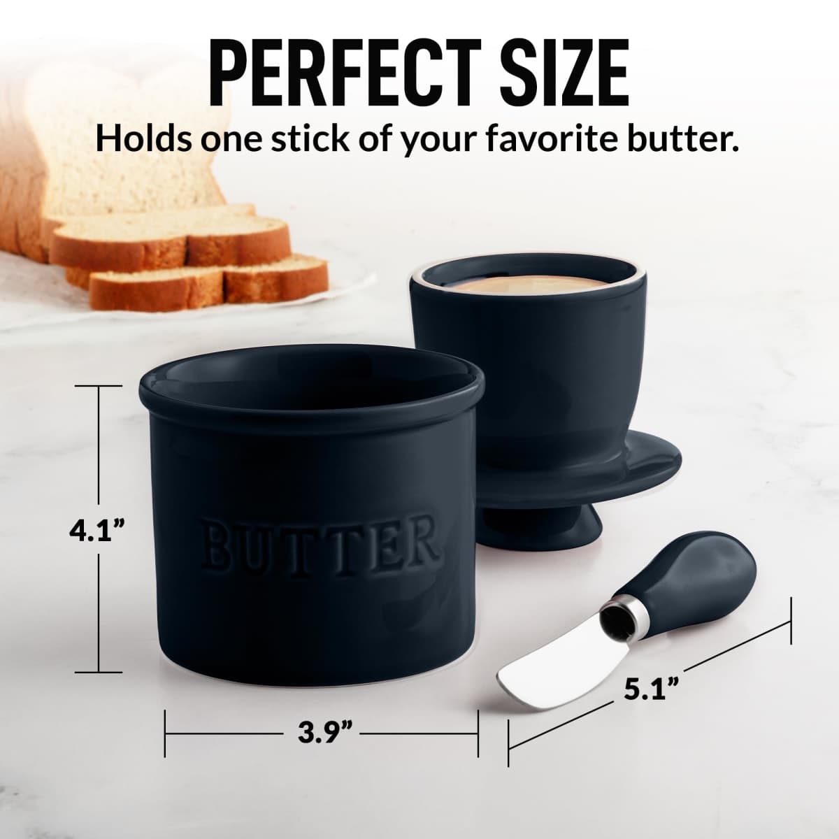 Zulay Kitchen Bell Shaped Butter Crock with Lid for Countertop with Water Line & Spreader Knife, Ceramic French Butter Dish Keeper For Fresh, Soft & Spreadable Butter - Midnight Blue thumbnail 5