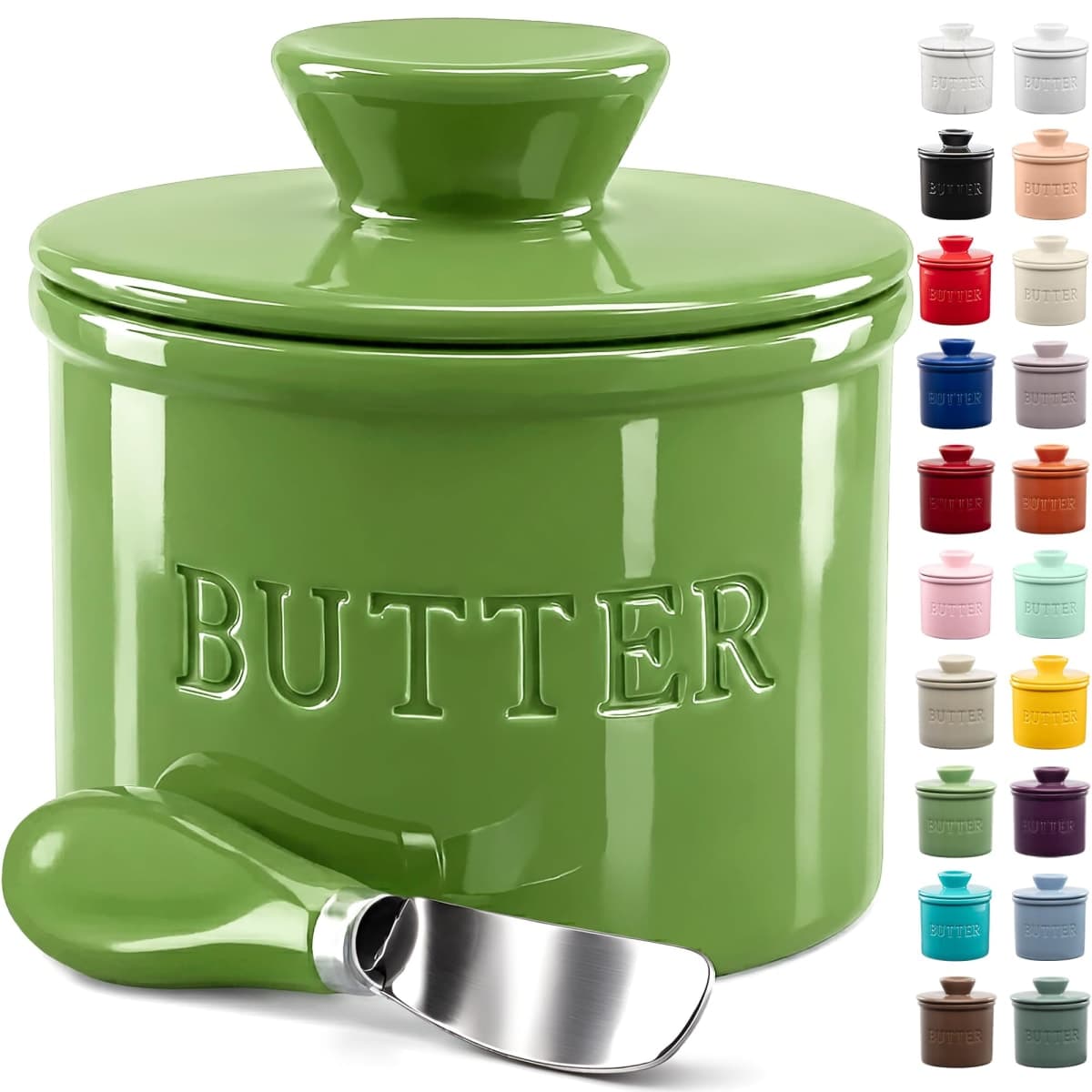 Zulay Kitchen Porcelain Butter Crock With Lid & Knife - Authentic French Butter Dish For Fresh & Spreadable Butter - Green — image 1