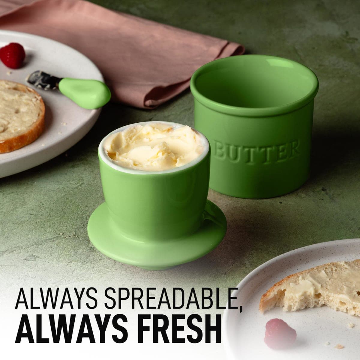 Zulay Kitchen Porcelain Butter Crock With Lid & Knife - Authentic French Butter Dish For Fresh & Spreadable Butter - Green thumbnail 2