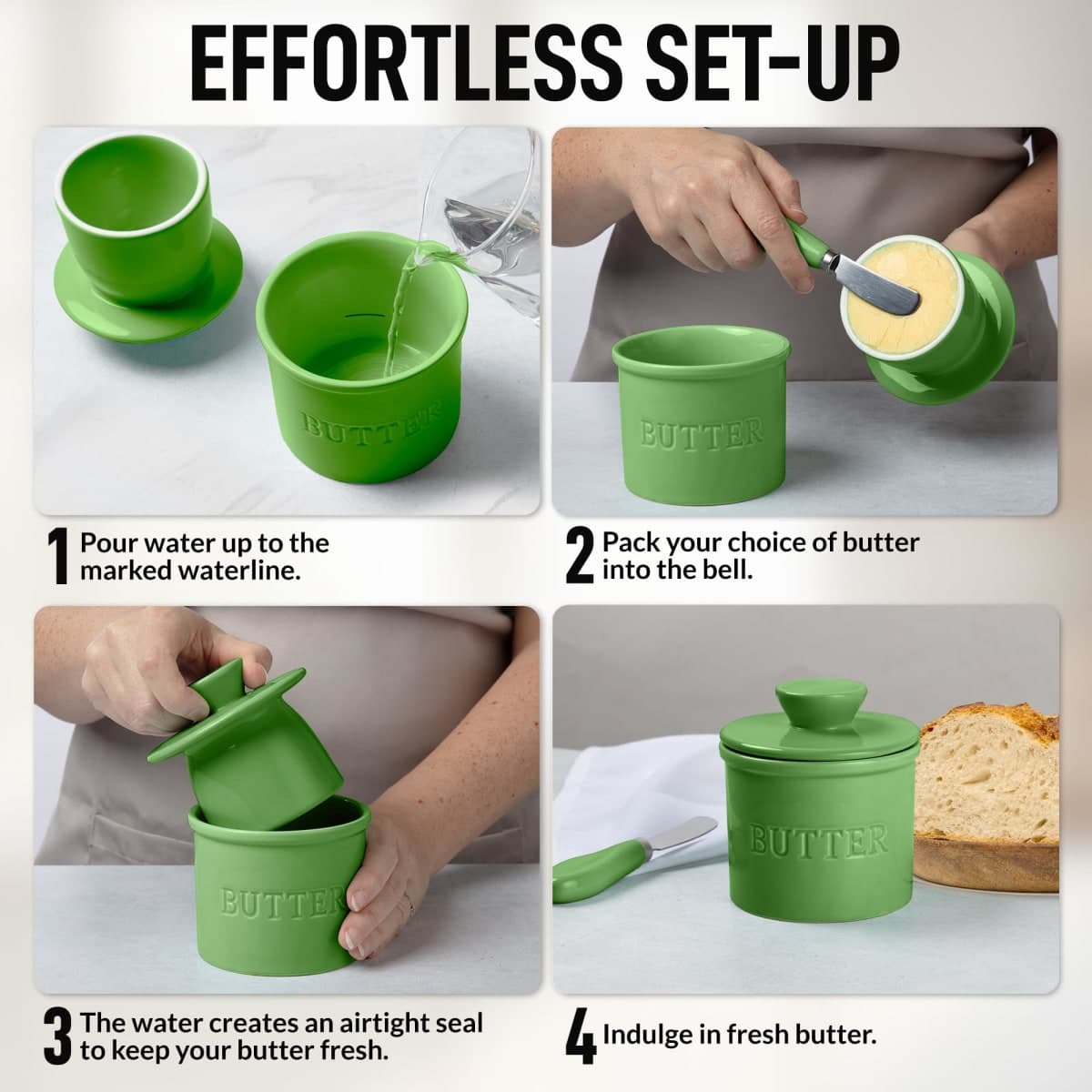 Zulay Kitchen Porcelain Butter Crock With Lid & Knife - Authentic French Butter Dish For Fresh & Spreadable Butter - Green thumbnail 3