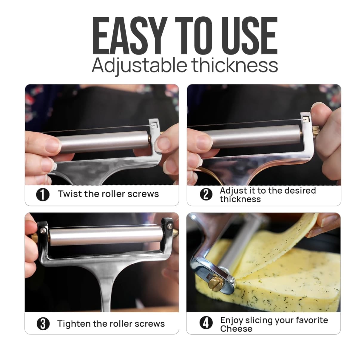 Zulay Kitchen Stainless Steel Wire Cheese Slicer - Adjustable Hand Held Cheese Cutter with 2 Extra Wires - Premium Cheese Shaver for Mozzarella, Cheddar, Gruyere - Cheese Cutter with Wire (Silver) thumbnail 5