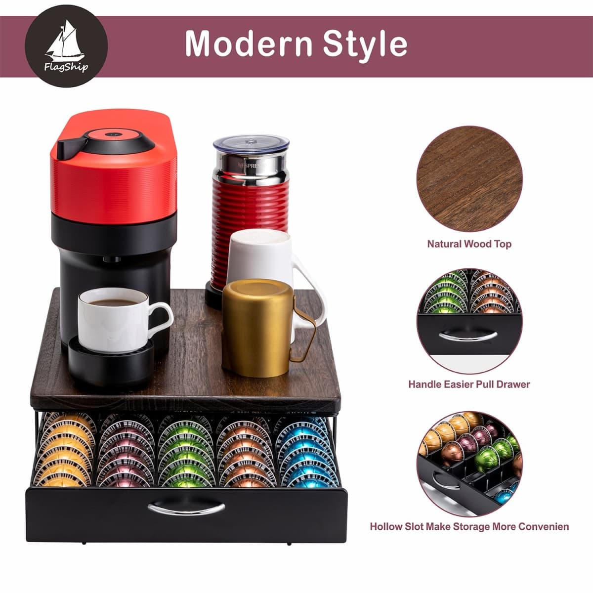 Flagship for Nespresso Pod Holder Vertuo Pod Drawer Coffee Pod Storage for Vertuo Pod with Elegant Wood Top(50 Pods Capacity) thumbnail 3