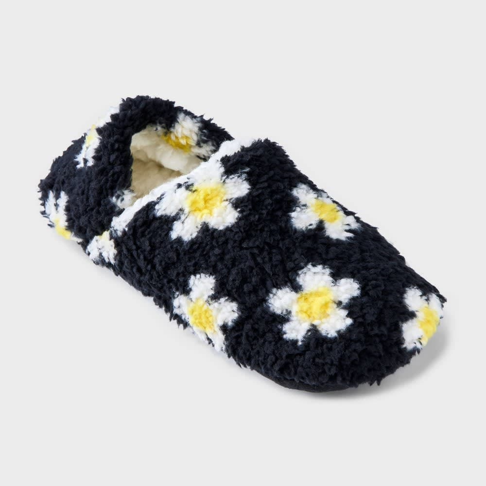 Women's Retro Floral Print Cozy Fleece High Cut Pull-On Slipper Socks with Grippers - Ivory/Black S/M — image 1