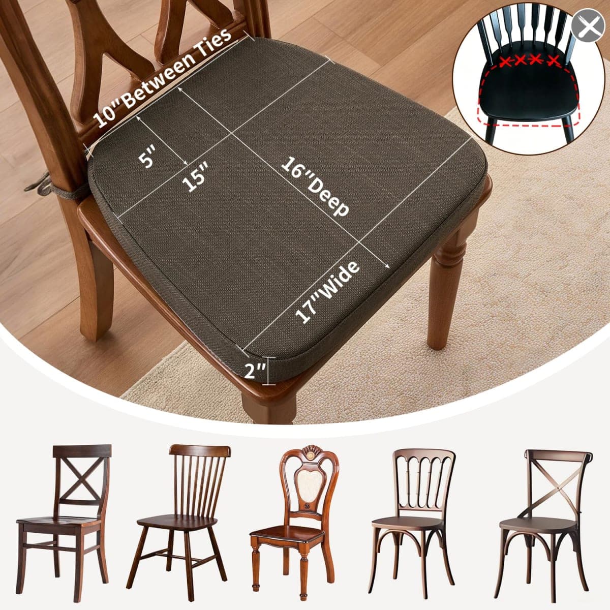 Nobildonna Kitchen Chair Pads, Dark Brown, 17"x16", Set of 2 thumbnail 2