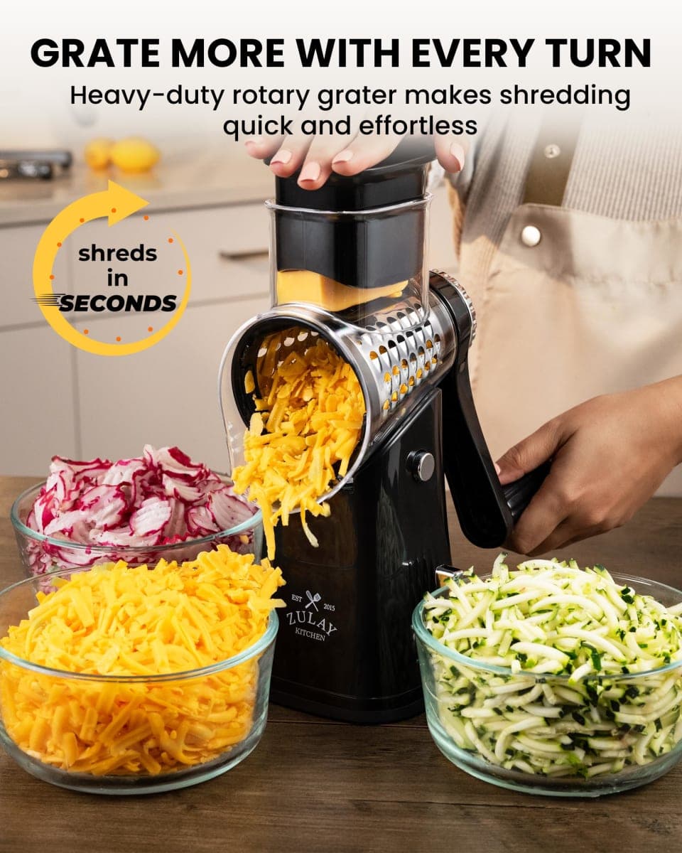 Zulay Kitchen 5-Blade Rotary Cheese Grater - Manual Hand Crank Cheese Shredder with Reinforced Suction & 5 Interchangeable Drums - Vegetable Chopper & Round Mandoline Slicer thumbnail 2