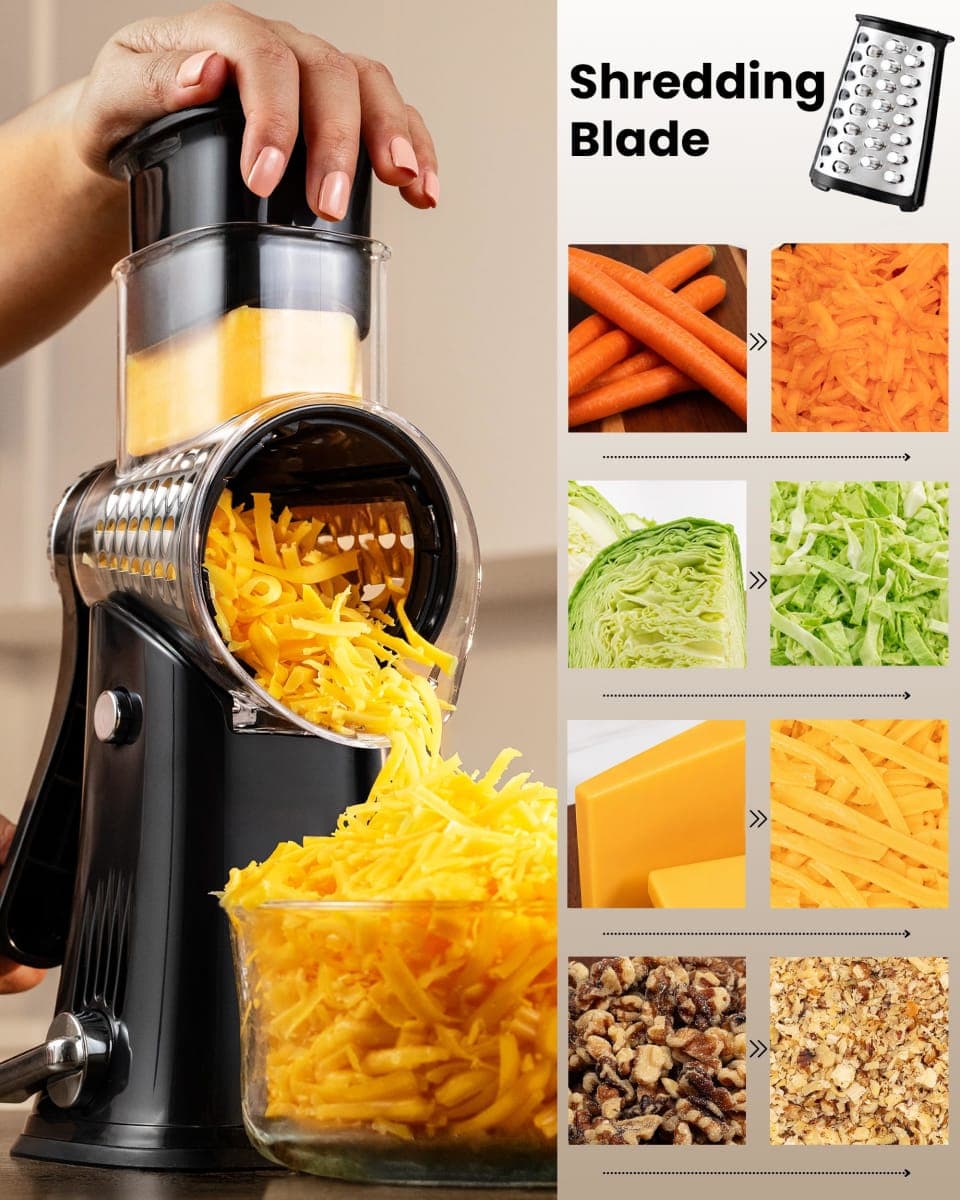 Zulay Kitchen 5-Blade Rotary Cheese Grater - Manual Hand Crank Cheese Shredder with Reinforced Suction & 5 Interchangeable Drums - Vegetable Chopper & Round Mandoline Slicer thumbnail 4