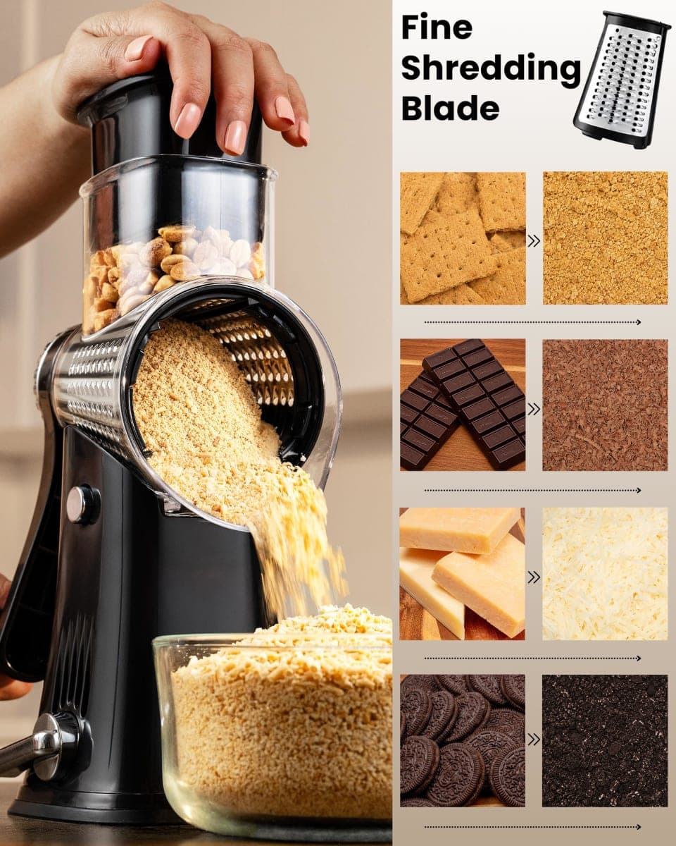 Zulay Kitchen 5-Blade Rotary Cheese Grater - Manual Hand Crank Cheese Shredder with Reinforced Suction & 5 Interchangeable Drums - Vegetable Chopper & Round Mandoline Slicer thumbnail 5