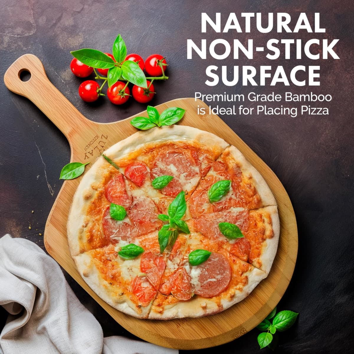 Zulay (Medium 12") Authentic Bamboo Pizza Peel Wood - Natural Bamboo Pizza Paddle with Easy Glide Edges & Handle for Baking - Medium Wood Pizza Peel for Transferring & Serving thumbnail 2