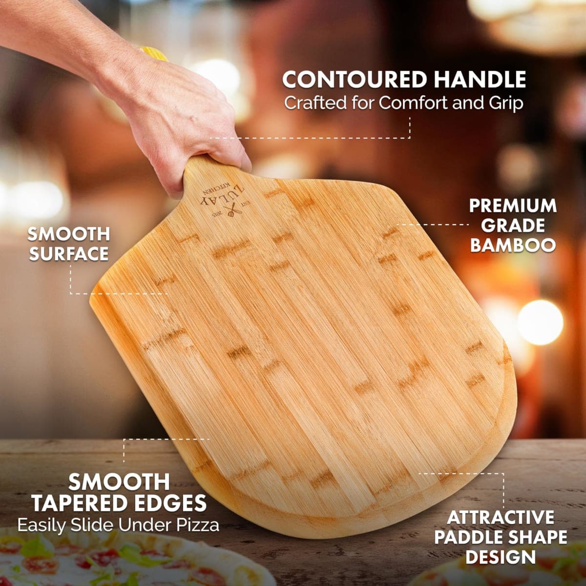 Zulay (Medium 12") Authentic Bamboo Pizza Peel Wood - Natural Bamboo Pizza Paddle with Easy Glide Edges & Handle for Baking - Medium Wood Pizza Peel for Transferring & Serving thumbnail 3