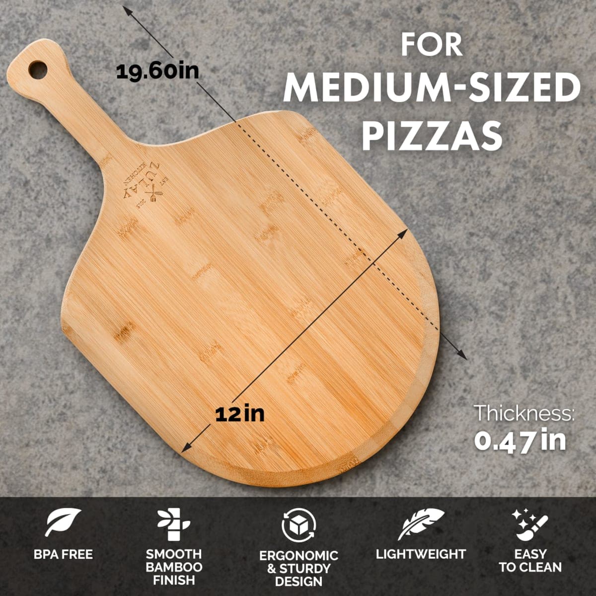 Zulay (Medium 12") Authentic Bamboo Pizza Peel Wood - Natural Bamboo Pizza Paddle with Easy Glide Edges & Handle for Baking - Medium Wood Pizza Peel for Transferring & Serving thumbnail 4