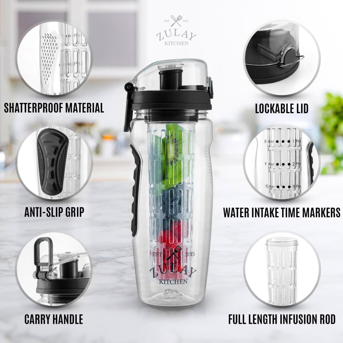 Zulay Fruit Infuser Water Bottle - 34oz - Leakproof With Full-Length Infusion Rod - Men Women's Ideal Fitness Gift Or For Gym, Camping - Onyx Black thumbnail 2