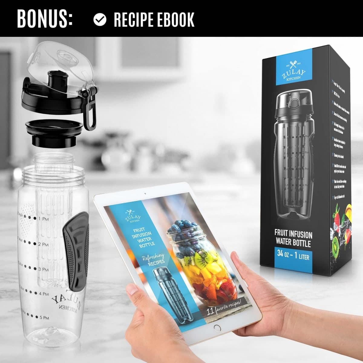 Zulay Fruit Infuser Water Bottle - 34oz - Leakproof With Full-Length Infusion Rod - Men Women's Ideal Fitness Gift Or For Gym, Camping - Onyx Black thumbnail 3