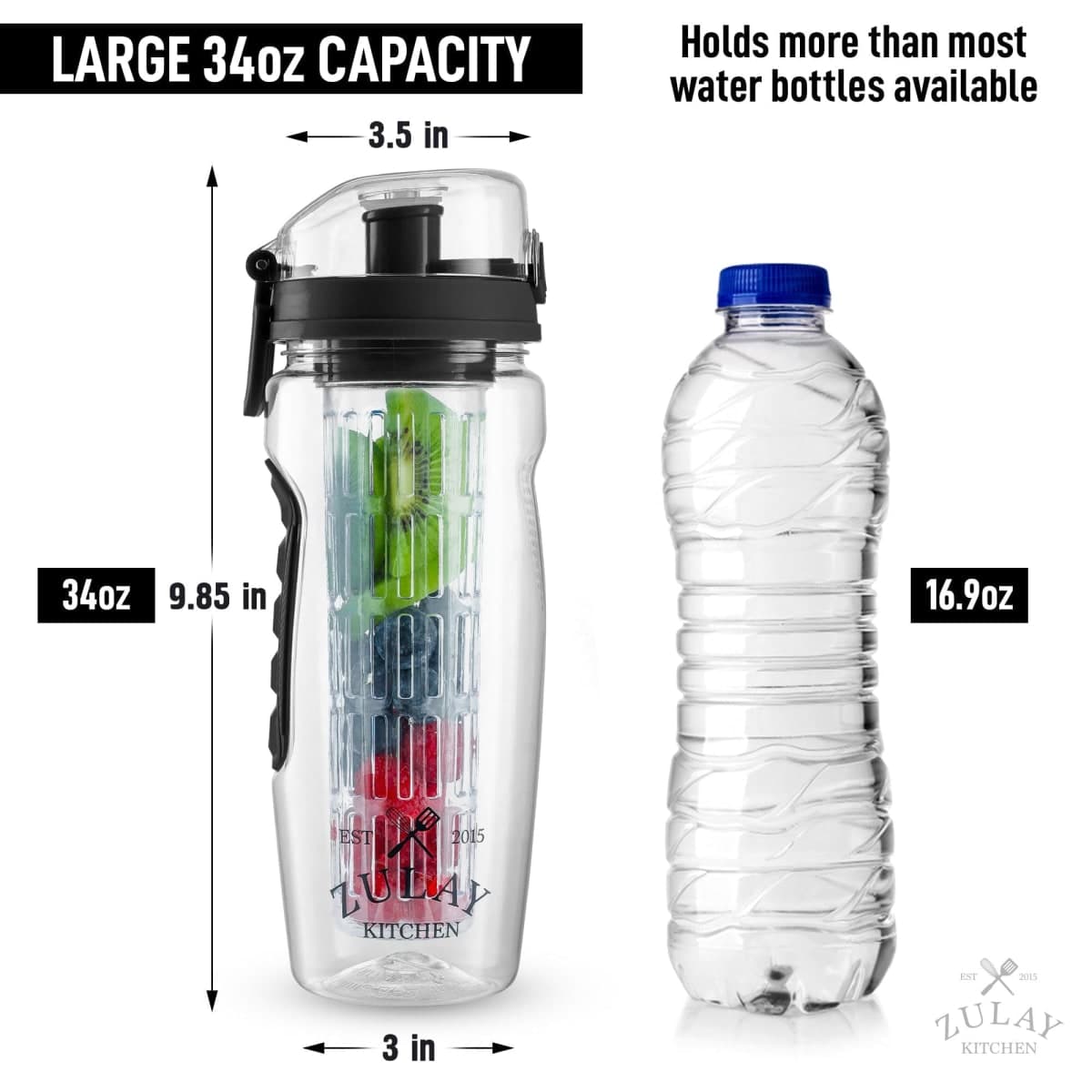 Zulay Fruit Infuser Water Bottle - 34oz - Leakproof With Full-Length Infusion Rod - Men Women's Ideal Fitness Gift Or For Gym, Camping - Onyx Black thumbnail 5
