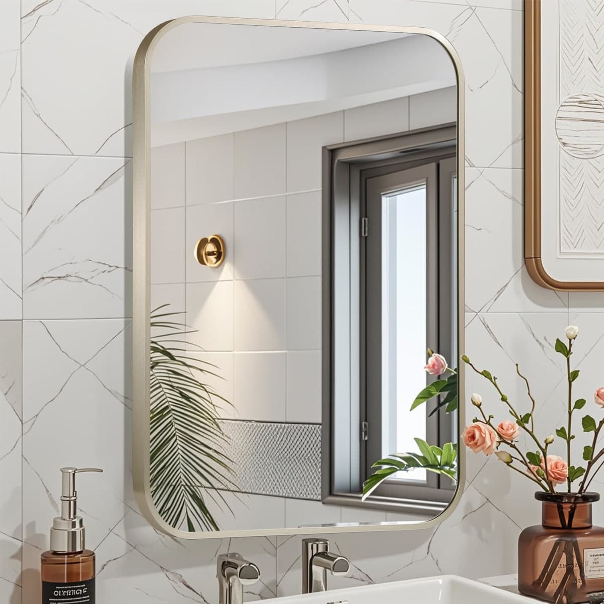 JENBELY 30x36 Inch Brushed Nickel Bathroom Mirror, Framed Rectangle Mirror with Rounded Corner, Brushed Mirror, Silver Bathroom Mirror for Over Sink, Vanity, Living Room, Bedroom, Horizontal/Vertical thumbnail 2