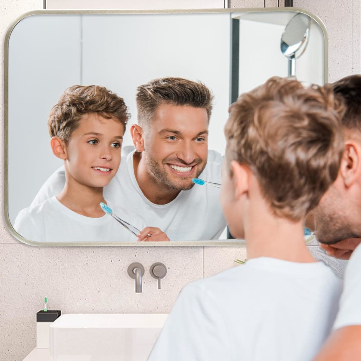 JENBELY 30x36 Inch Brushed Nickel Bathroom Mirror, Framed Rectangle Mirror with Rounded Corner, Brushed Mirror, Silver Bathroom Mirror for Over Sink, Vanity, Living Room, Bedroom, Horizontal/Vertical thumbnail 3