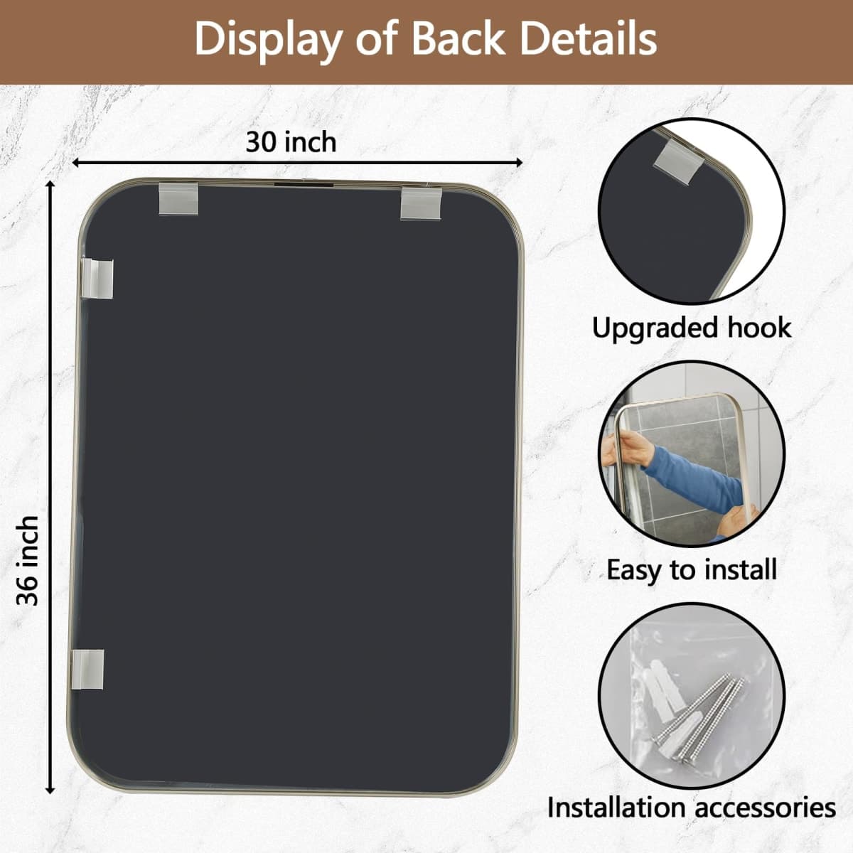 JENBELY 30x36 Inch Brushed Nickel Bathroom Mirror, Framed Rectangle Mirror with Rounded Corner, Brushed Mirror, Silver Bathroom Mirror for Over Sink, Vanity, Living Room, Bedroom, Horizontal/Vertical thumbnail 5