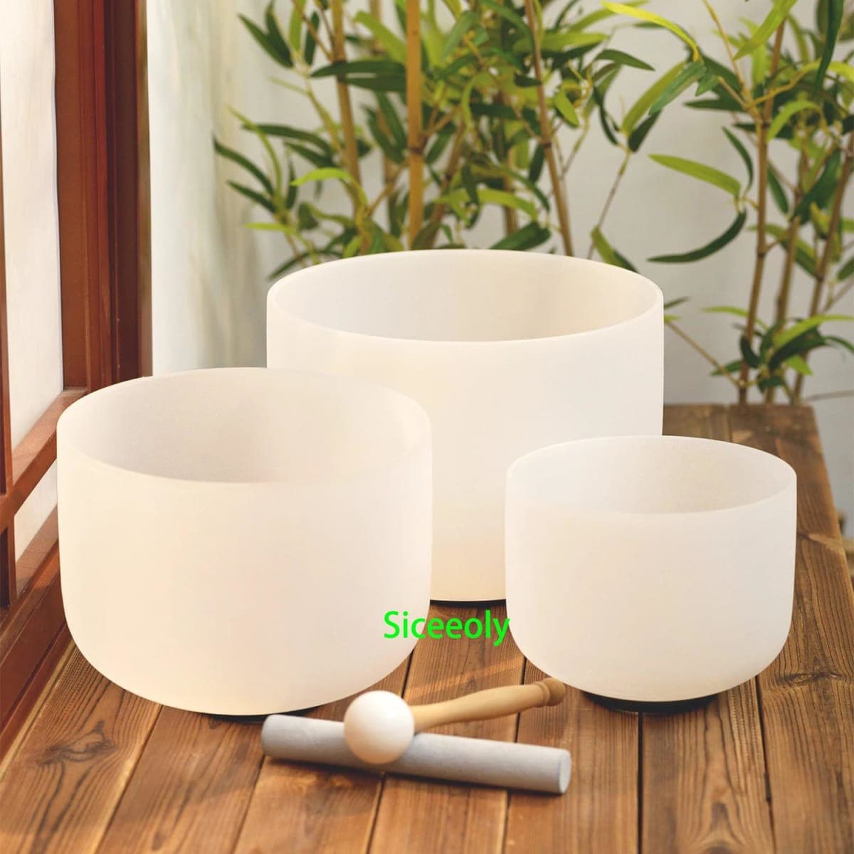 Siceeoly Set of 3 Singing Bowls 432HZ 8"G 10"E 12"C Frosted Chakra Quartz Crystal Sound Healing Bowls with 1 Travel Carry Case Bag 1 Mallet Suede 1 Striker 3 O-rings thumbnail 4