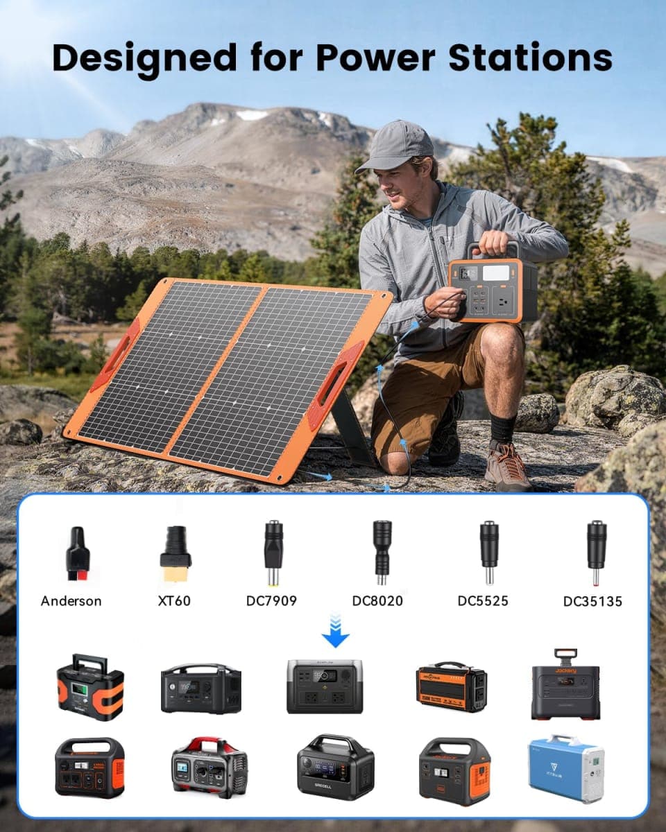 100W Portable Solar Panel for Power Station, 19.8V Foldable Solar Charger with DC/XT60/Anderson Cable & QC3.0 USB Outputs, 23% High Efficiency IP65 Waterproof 2 Kickstands for Outdoor Camping RV Trip thumbnail 2