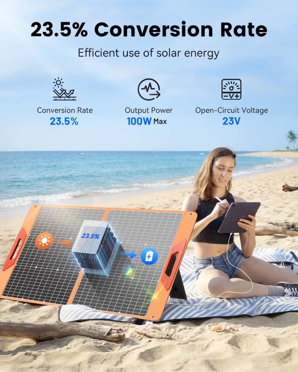 100W Portable Solar Panel for Power Station, 19.8V Foldable Solar Charger with DC/XT60/Anderson Cable & QC3.0 USB Outputs, 23% High Efficiency IP65 Waterproof 2 Kickstands for Outdoor Camping RV Trip thumbnail 4