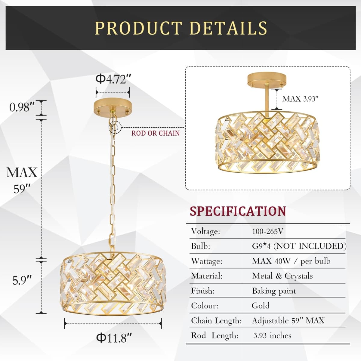 CATINER 12" Gold Crystal Chandelier, Modern 4-Light Ceiling Light thumbnail 2