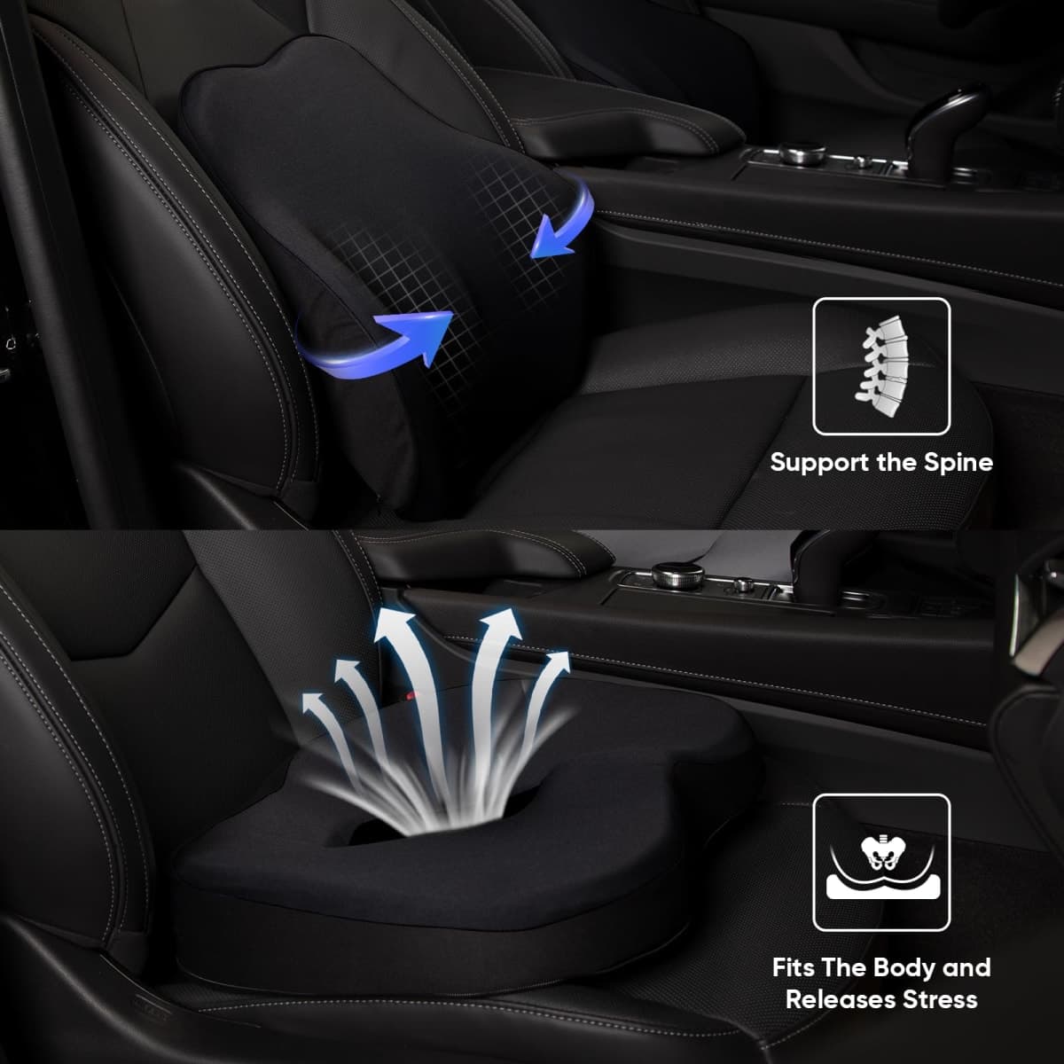 Truck Seat Cushion, 2PC 100% Memory Foam seat cushion for truck driver, Truck Driver Seat Cushion & Back Support, Semi Truck Accessories for men -Seat cushion-18x14.5x3.5in, Lumbar Cushion-16.5x15.4x5 thumbnail 5