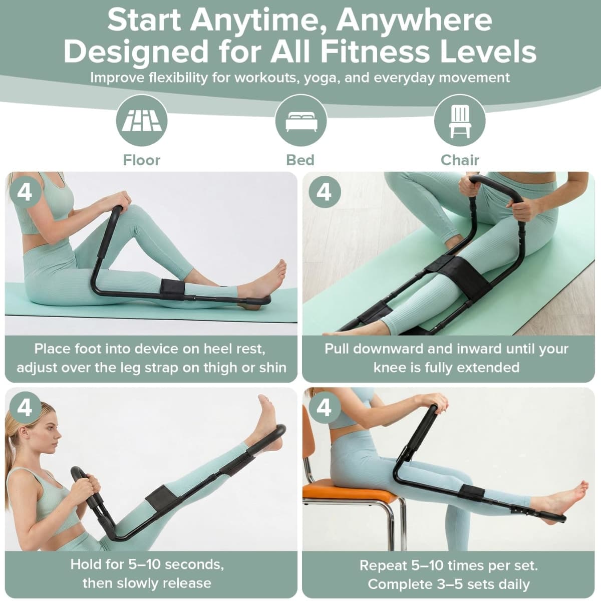 Qagstnkg Hamstring Stretcher, Knee Extension & Pain Relief Device for Lower Body Flexibility, Adjustable Back, Leg, Calf & Hip Stretching Tool, Improves Range of Motion, Knee Pain Relief thumbnail 3