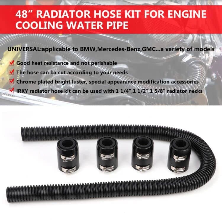 iRKY 48" Flexible Radiator Hose Stainless Steel Universal Water Hoses Adapter Coolant Radiator Hose Kit with 4Pcs Chrome Caps (8 Clamps, Black) thumbnail 4