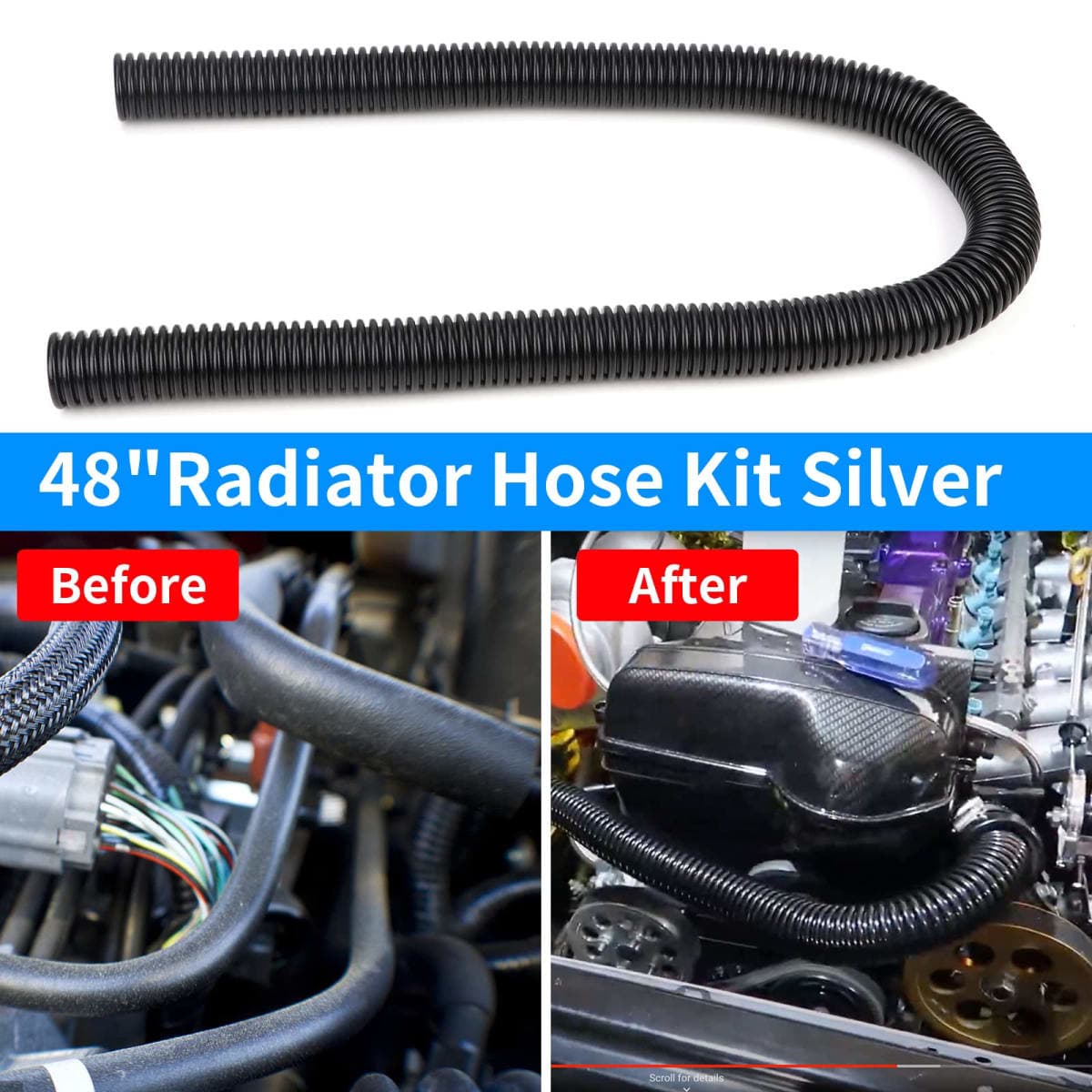 iRKY 48" Flexible Radiator Hose Stainless Steel Universal Water Hoses Adapter Coolant Radiator Hose Kit with 4Pcs Chrome Caps (8 Clamps, Black) thumbnail 5