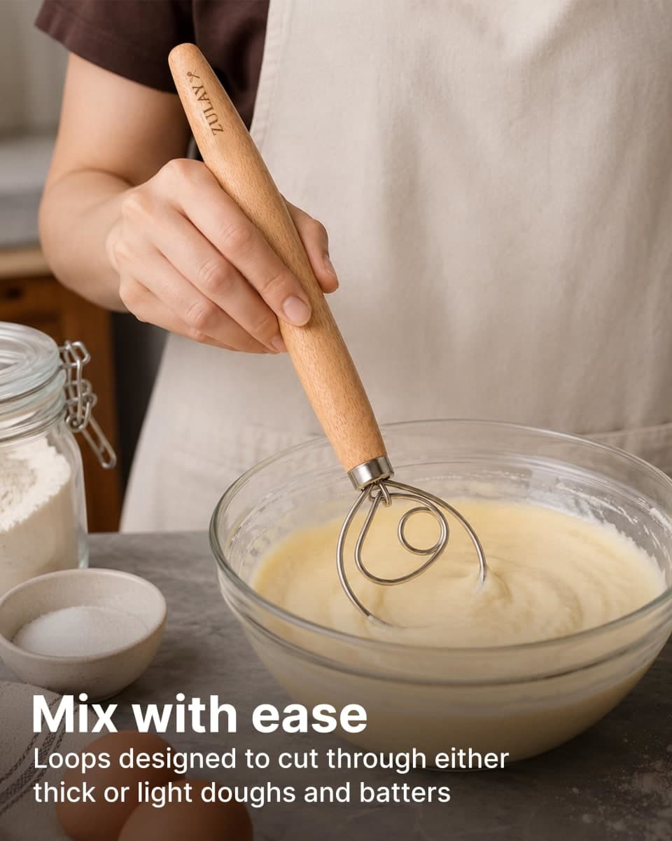 Zulay Kitchen 13 Inch Danish Dough Whisk - Large Wooden Danish Whisk for Dough with Stainless Steel Ring - Traditional Dutch Whisk Baking Tool for Bread, Batter, Cake, Pastry thumbnail 2