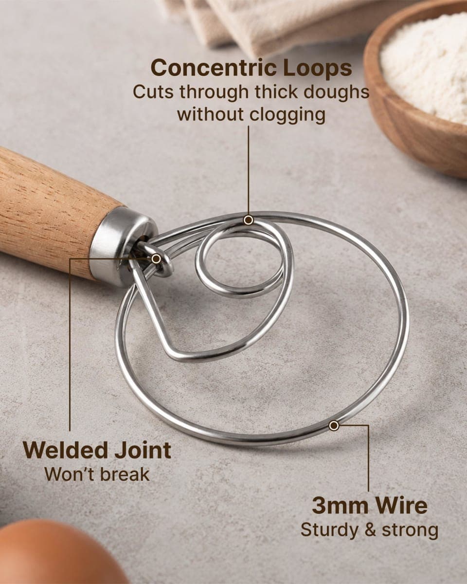 Zulay Kitchen 13 Inch Danish Dough Whisk - Large Wooden Danish Whisk for Dough with Stainless Steel Ring - Traditional Dutch Whisk Baking Tool for Bread, Batter, Cake, Pastry thumbnail 3