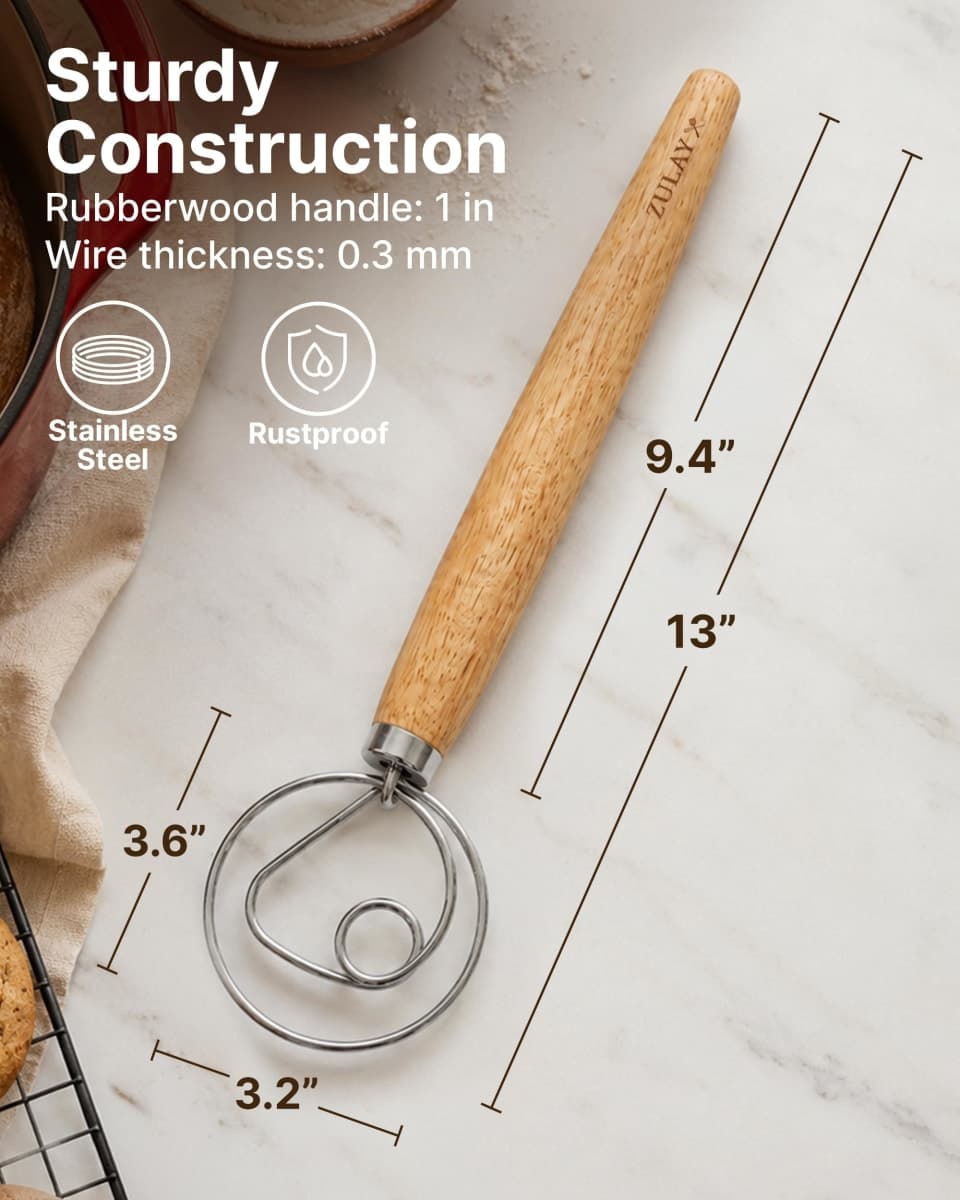 Zulay Kitchen 13 Inch Danish Dough Whisk - Large Wooden Danish Whisk for Dough with Stainless Steel Ring - Traditional Dutch Whisk Baking Tool for Bread, Batter, Cake, Pastry thumbnail 4