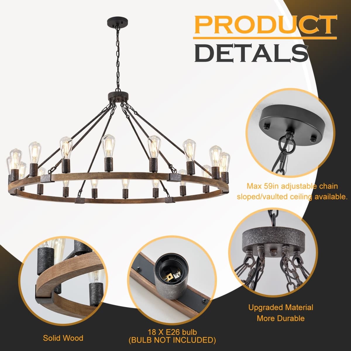 Benkut Farmhouse Rustic Wood Chandelier 47 Inch 18 thumbnail 5