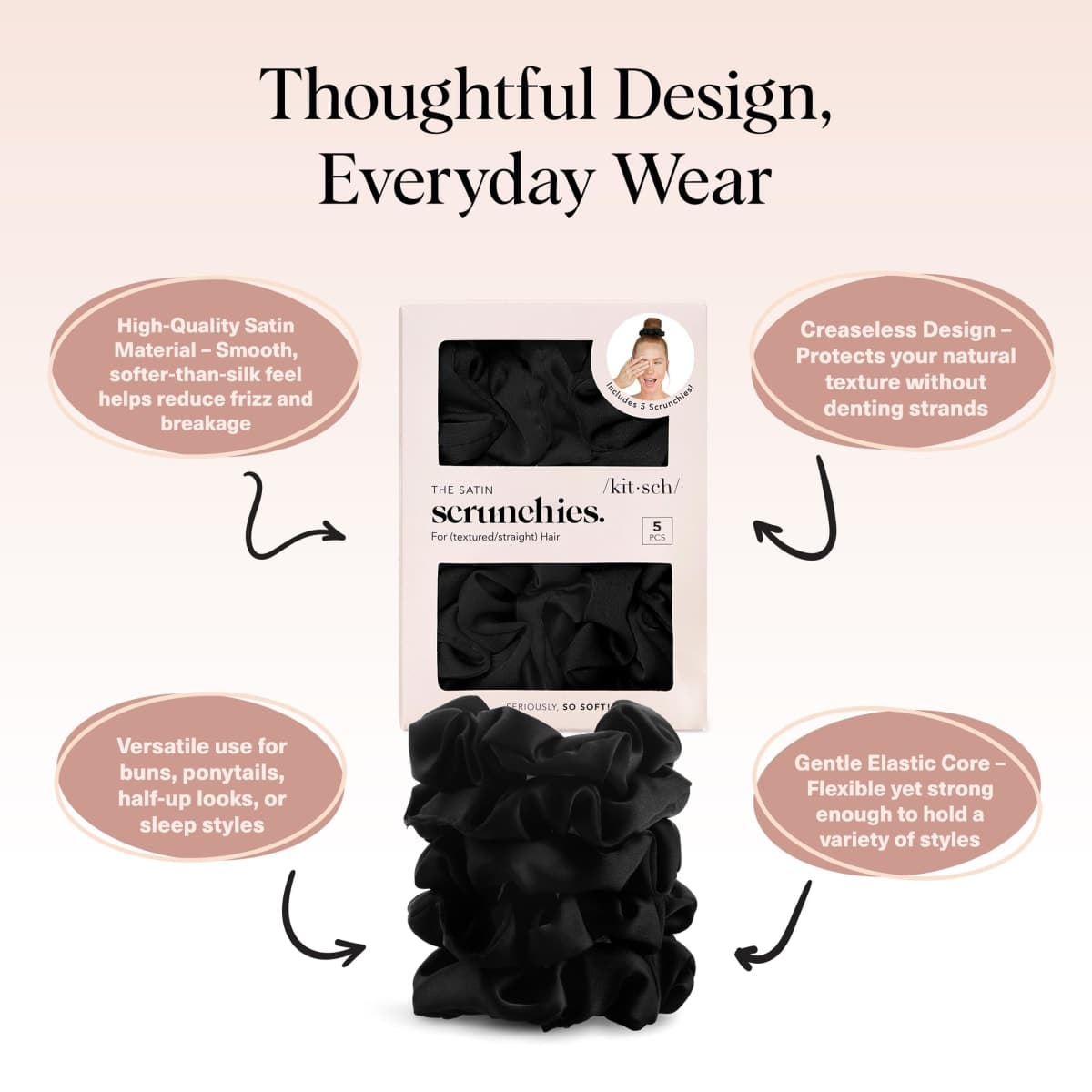 Kitsch Satin Scrunchies for Women For All Hair Types - Black, 5pcs thumbnail 4