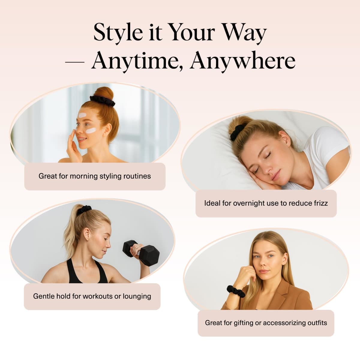 Kitsch Satin Scrunchies for Women For All Hair Types - Black, 5pcs thumbnail 5