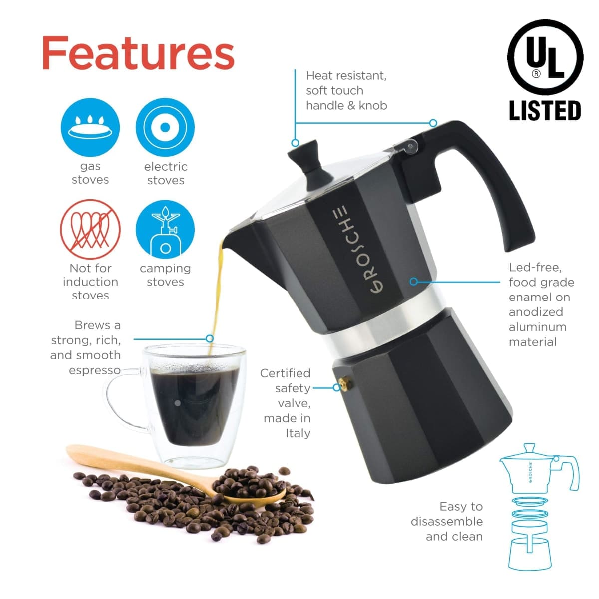 GROSCHE Milano Stovetop Espresso Maker Moka Pot 9 espresso Cup 15.2oz Black thumbnail 2